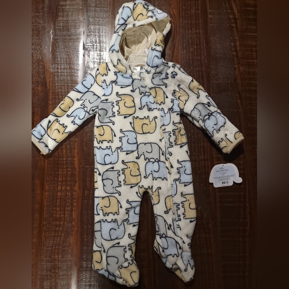 Cozy Elephant‎ Print Hooded Baby Onesie Little Beginnings Baby 6/9 Months Pram